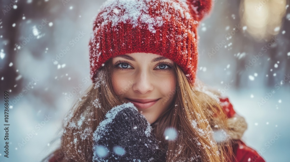 Smiling Woman in Snow with Red Winter Hat Smiling Woman in Snow with Red Winter Hat
