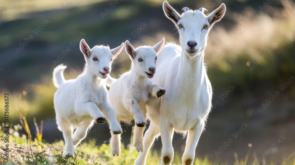 A joyful scene of a mother goat and her two playful kids leaping through a sunlit meadow, capturing the essence of spring and familial bonds. A joyful scene of a mother goat and her two playful kids leaping through a sunlit meadow, capturing the essence of spring and familial bonds.