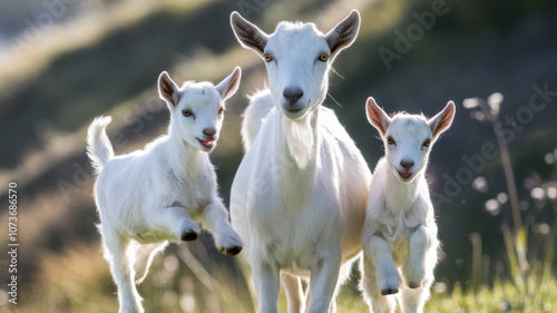 A joyful white goat and two playful kids leap through a sunlit meadow, capturing a moment of playful energy and togetherness in nature.