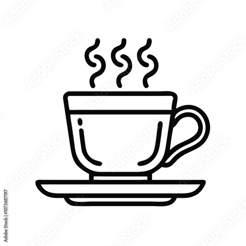 Steaming coffee cup vector illustration in black outline, Minimalistic vector illustration of a steaming coffee cup with a simple black outline, representing a hot beverage like coffee or tea.
