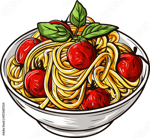 Hand-Drawn Spaghetti with Tomatoes and Basil