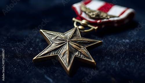 Close-Up of Bronze Star Medal on Dark Velvet Fabric photo