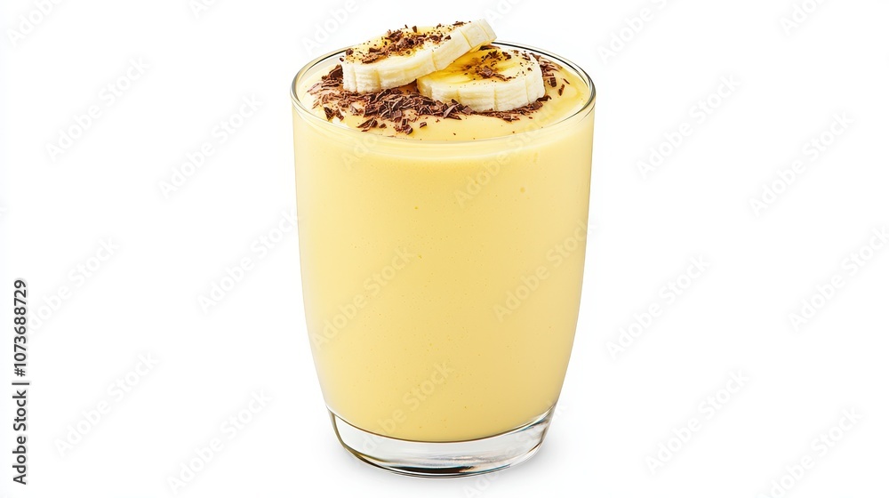 Creamy Banana Smoothie with Chocolate Shavings and Fresh Banana Slices in a Clear Glass on White Background