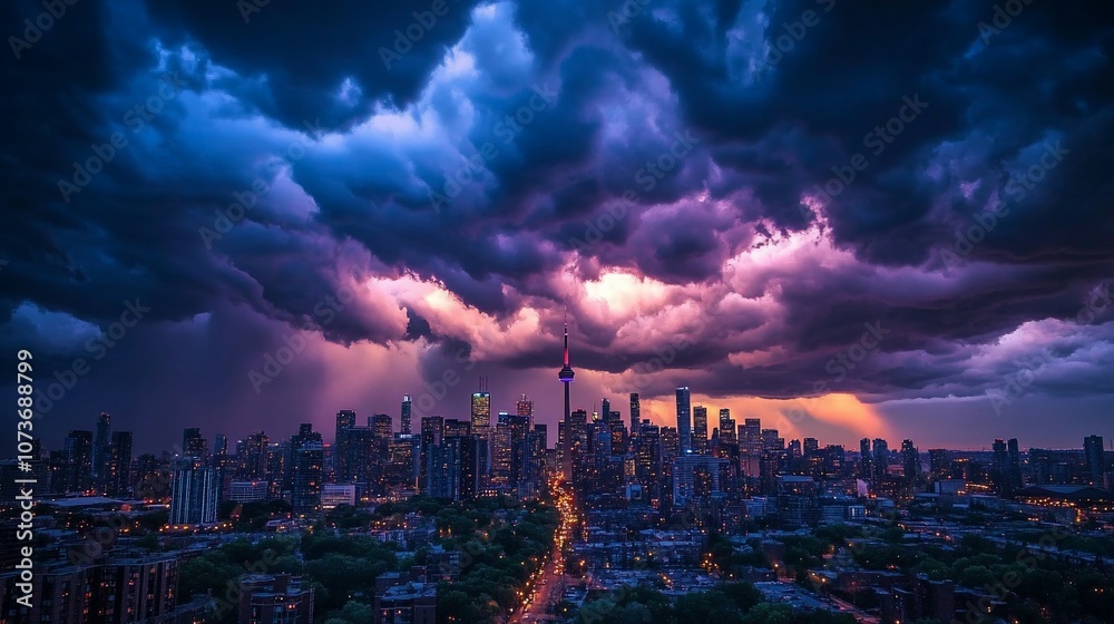 Fototapeta premium A dramatic, stormy sky hangs over a city skyline at night, illuminated by flashes of lightning.