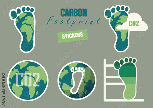 Carbon Footprint Stickers for Climate Awareness. Set of carbon footprint stickers. Carbon footprint stickers collections. Sustainable stickers. Vector illustration