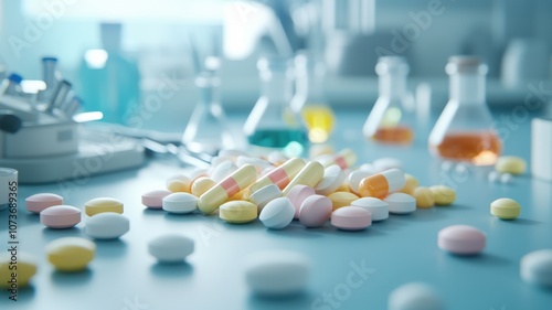 Chemical synthesis hazardous concept. A colorful assortment of pharmaceutical pills scattered on a lab table, surrounded by glass labware and vibrant liquids in a scientific setting.