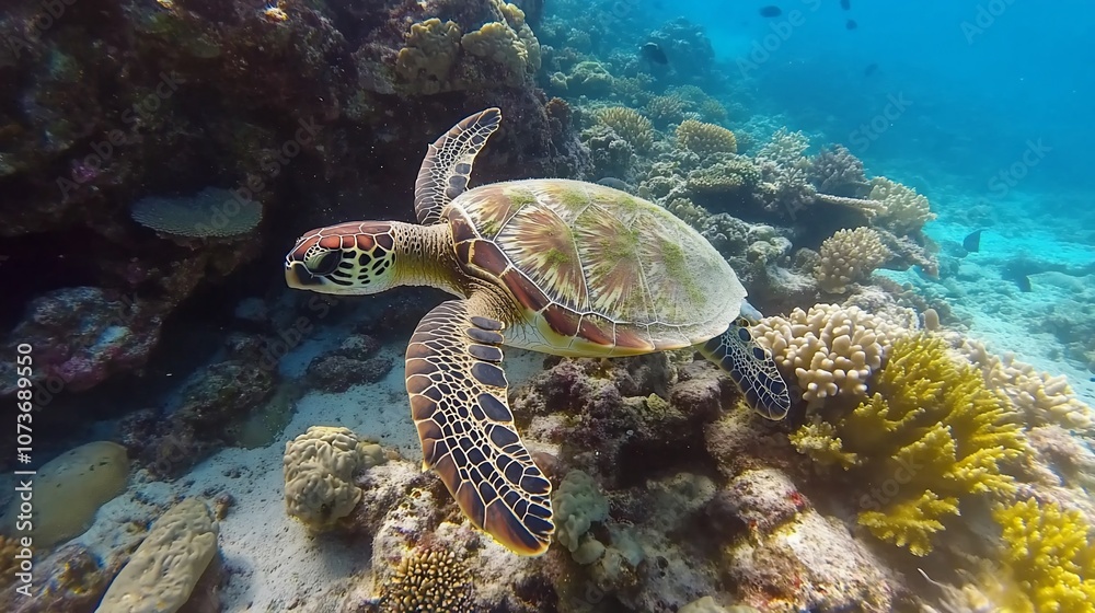 Obraz premium A green sea turtle swims past vibrant coral in clear blue water.