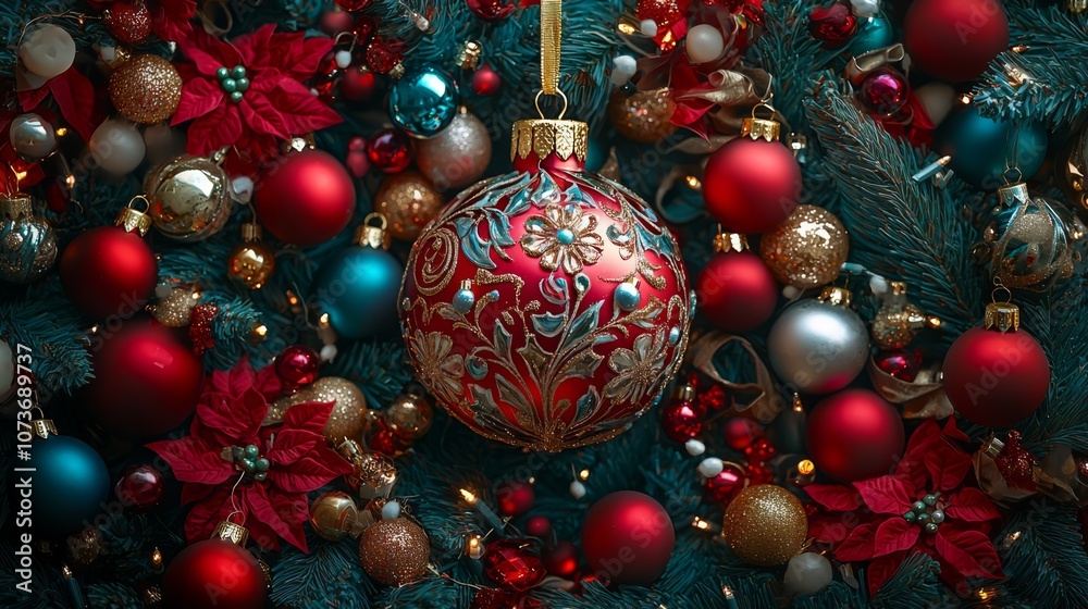 Festive Christmas Ornament Display with Red and Gold Baubles Festive Christmas Ornament Display with Red and Gold Baubles