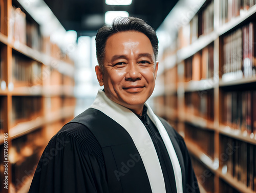 Experienced judge standing confidently in a law library surrounded by books, representing justice, legal expertise, and authority in a professional setting