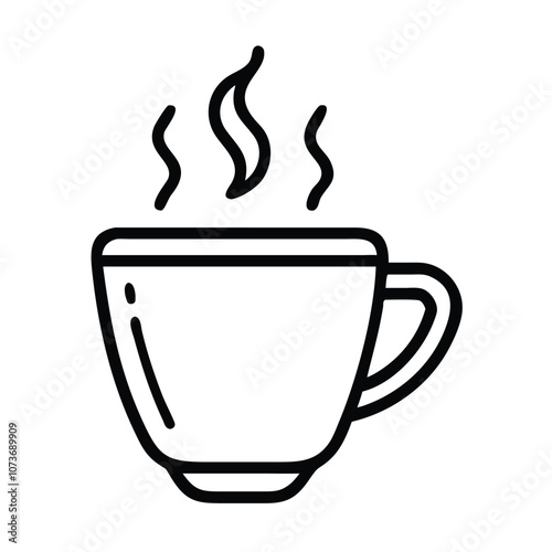 Steaming coffee cup vector illustration in black outline, Minimalistic vector illustration of a steaming coffee cup with a simple black outline, representing a hot beverage like coffee or tea.
