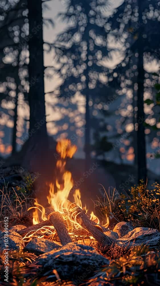 Campfire in forest at dusk, serene outdoor experience Campfire in forest at dusk, serene outdoor experience
