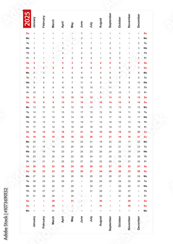 One row vertical calendar 2025, sunday first day of the week.