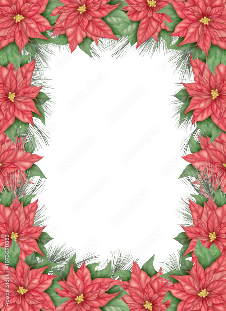 Festive Watercolor Frame with Red Poinsettias and Pine Branches – Christmas Floral Border
