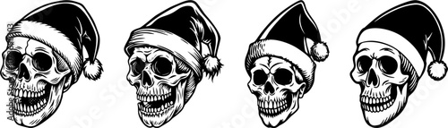 set of skull with santa claus hats vector illustration