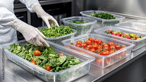 An employee picking up a tomato from a bin wearing gloves