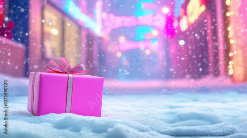 A pink gift box sits in freshly fallen snow on a vibrant, illuminated street during winter