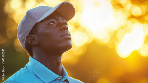 Black male golfer, copy space, looking at the subject with a serious or sad expression photo