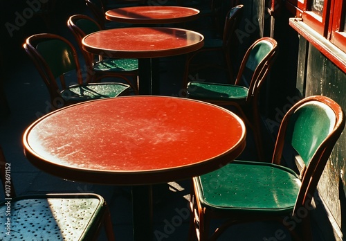 Red Tables and Green Chairs at Parisian Cafe photo