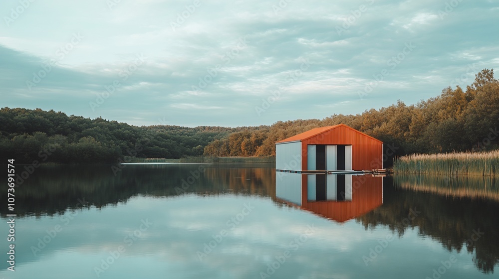 Obraz premium A red boathouse sits on a still lake with its reflection mirrored in the water.