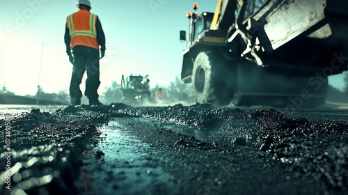 Two workers in orange vests watch a large machine pave the road. photo