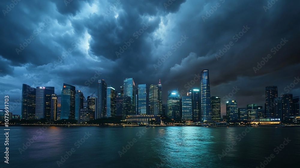 A cityscape with dark storm clouds in the evening. A cityscape with dark storm clouds in the evening.