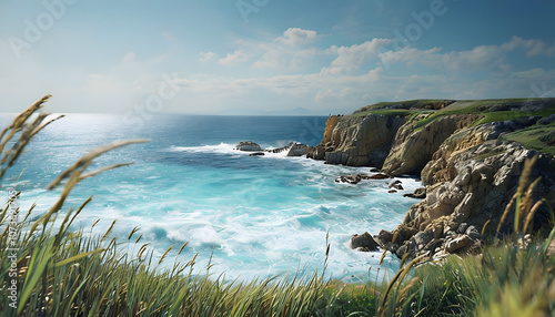 Serene Coastal Scene with Turquoise Waves and Rugged Cliffs