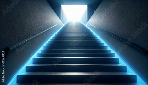 A long and dark stairs with illuminating lights surrounding going up towards an opening to the next level; a dark ominous stairs case to the top; success and hardship; climb to the top; modern stairs