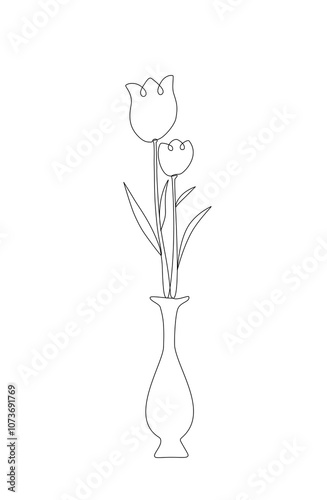 Flower in a vase, Continuous one line hand drawn, Tulip flowers in a vase isolated on white background, Simply vector illustration design, Editable stroke