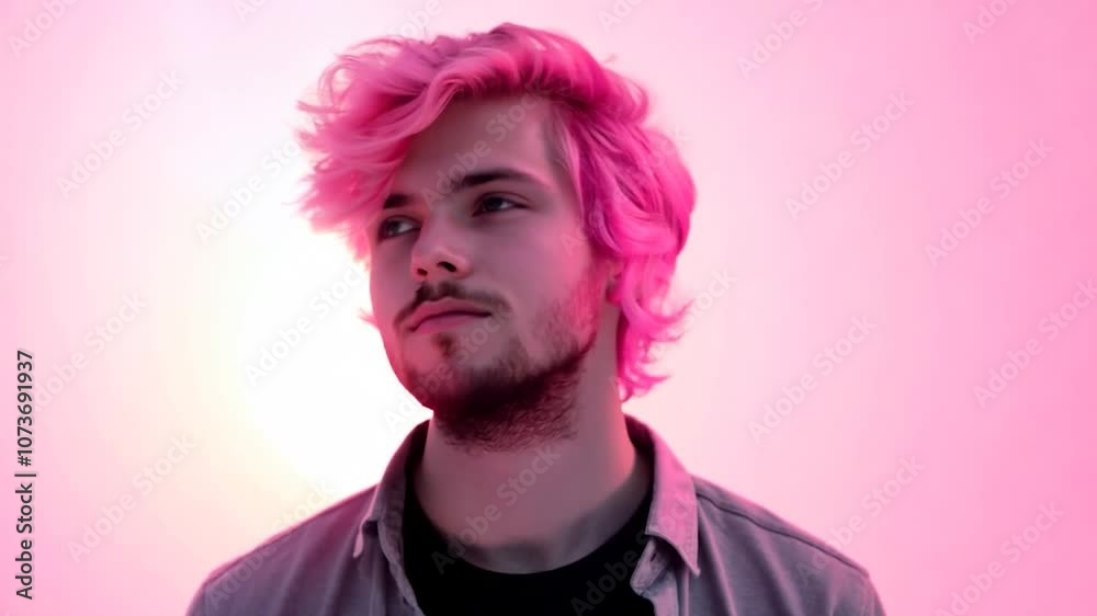 Young adult male model with vibrant pink hair poses against a striking pink background in a studio setting, showcasing a modern and edgy fashion aesthetic with confidence and individuality Young adult male model with vibrant pink hair poses against a striking pink background in a studio setting, showcasing a modern and edgy fashion aesthetic with confidence and individuality