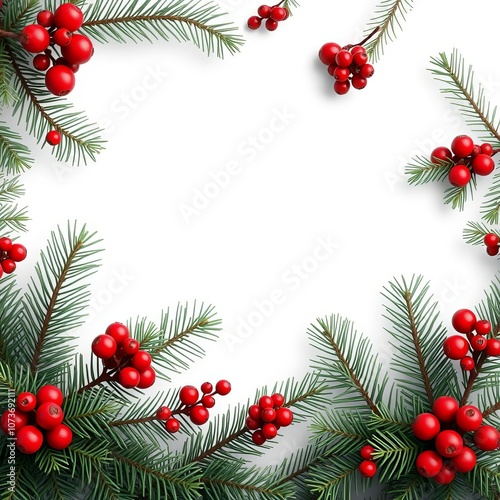 Christmas border, pine branches, red berries, holly, winter foliage, festive frame, white background, green needles, seasonal decoration, holiday wreath elements, photorealistic, high detail, macro ph