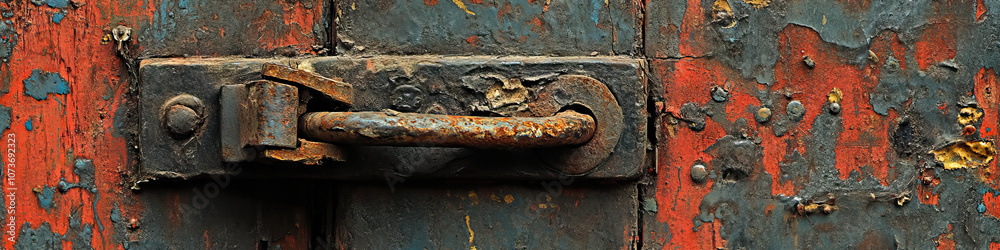 Fototapeta premium Broken Lock:A bent and twisted lock hangs uselessly from a battered door, another barrier to unraveling the mystery.