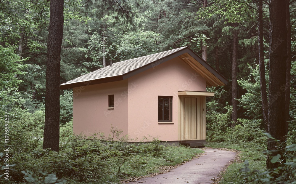 Modern Pink House in Forest with Path Modern Pink House in Forest with Path