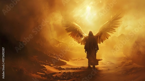 A firm and focused Jesus, gazing up at the sky, refusing to bow to a dark figure with radiant golden wings hovering in front of him, its shadow cast long across the desert ground --ar 16:9 --v 6.0  photo