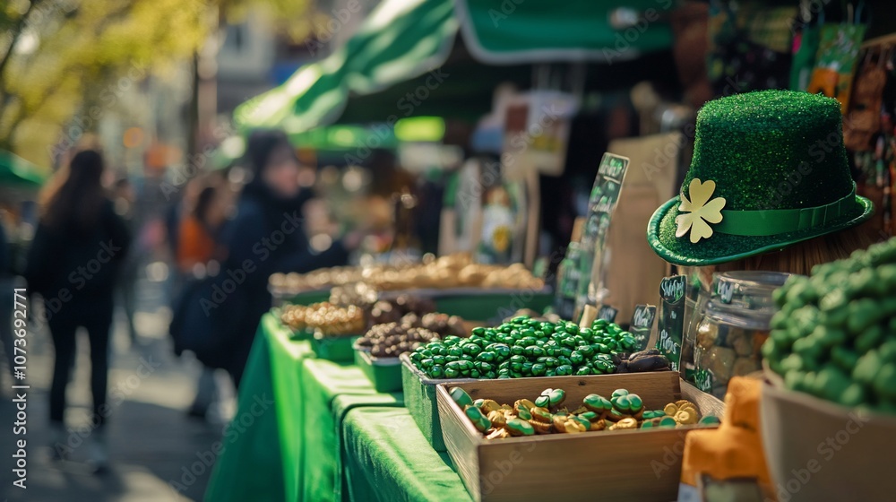 A green hat with a shamrock sits on a table at a street market, surrounded by green treats. A green hat with a shamrock sits on a table at a street market, surrounded by green treats.