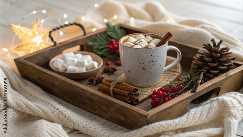A tray of hot chocolate and cinnamon is set on a table with a white blanket A tray of hot chocolate and cinnamon is set on a table with a white blanket