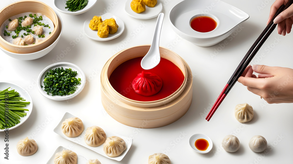 A variety of Chinese dumplings arranged on a white table, featuring colorful soup dumplings, dim sum, and sauces, with fresh green garnishes and chopsticks in a minimalist, modern dining setup A variety of Chinese dumplings arranged on a white table, featuring colorful soup dumplings, dim sum, and sauces, with fresh green garnishes and chopsticks in a minimalist, modern dining setup