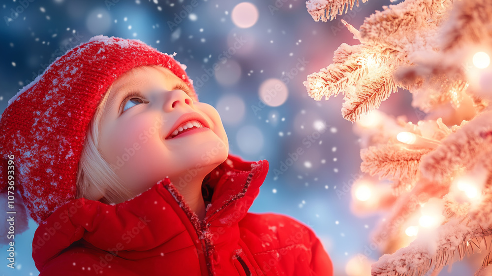 A joyful child in a red coat and hat looking up at a sparkling Christmas tree in the snow A joyful child in a red coat and hat looking up at a sparkling Christmas tree in the snow