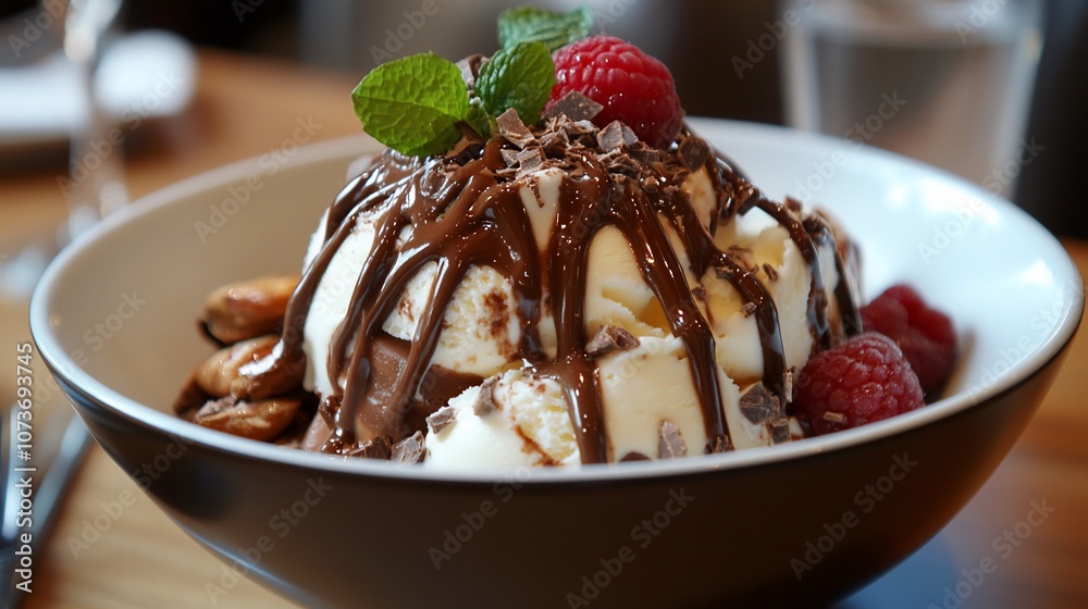 A bowl of vanilla ice cream topped with chocolate sauce, chocolate shavings, raspberries, and almonds. A bowl of vanilla ice cream topped with chocolate sauce, chocolate shavings, raspberries, and almonds.