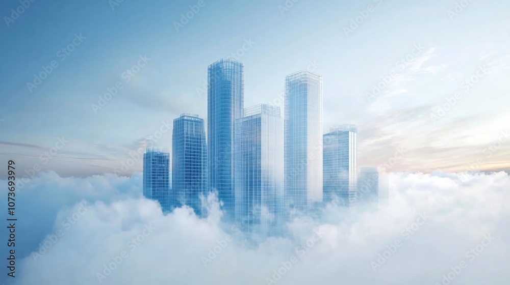 A cluster of modern skyscrapers rise above a sea of clouds, showcasing a futuristic and ambitious city design. A cluster of modern skyscrapers rise above a sea of clouds, showcasing a futuristic and ambitious city design.