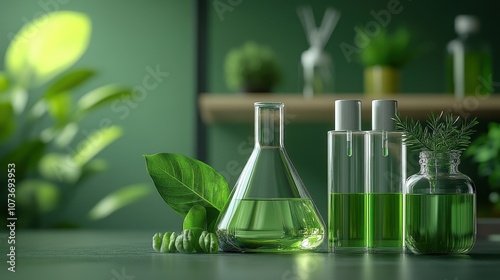 In the cosmetic laboratory abstract concepts intertwine with laboratory research focusing on natural cosmetic chemistry against a backdrop of green.