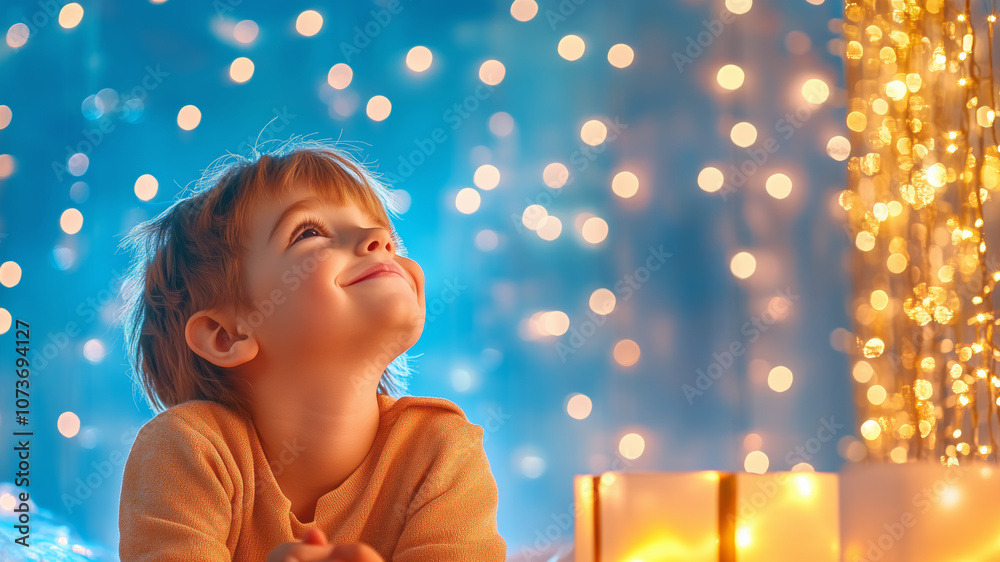 Fototapeta premium Young child gazing thoughtfully at enchanting holiday lights indoors during winter evening