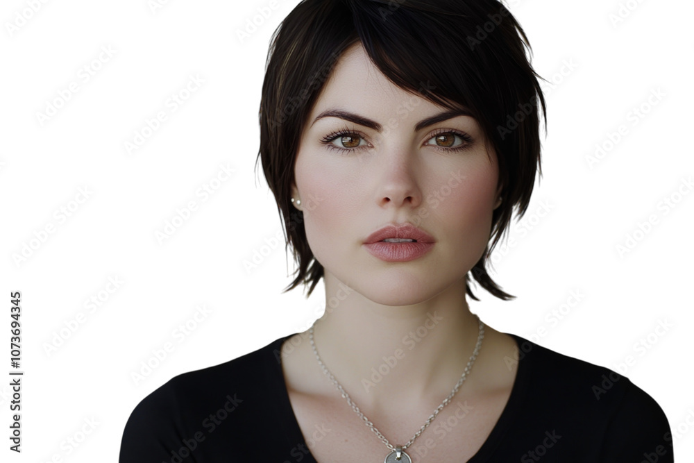 Person with dark makeup and silver necklace, on a plain white background. PNG transparent. Person with dark makeup and silver necklace, on a plain white background. PNG transparent.