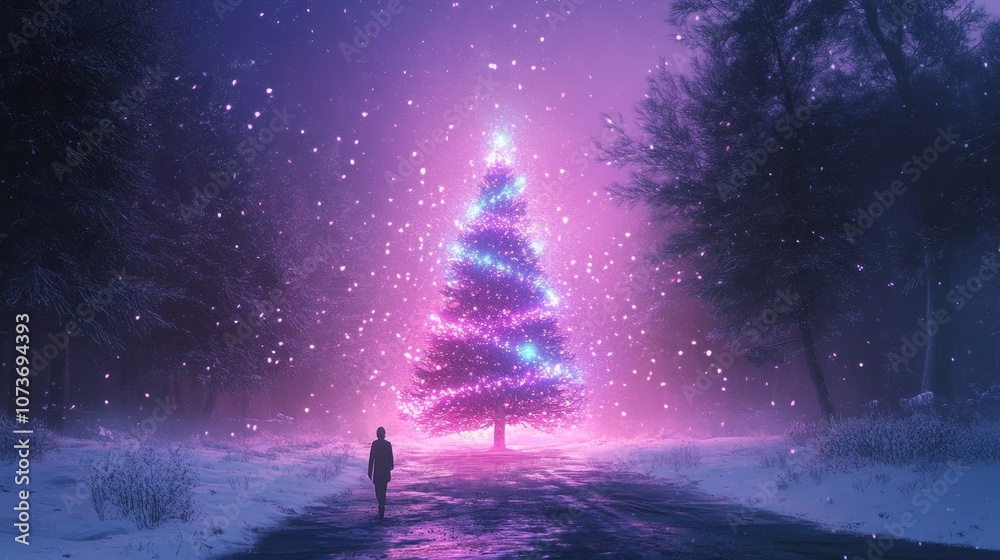 Obraz premium New Year's Eve under the purple sky, a huge Christmas cyberpunk tree with cyber neon lights, forest covered with snow. Generative AI futuristic Illustration. Winter holiday landscape.