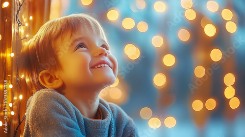 Young boy enjoying a magical moment surrounded by soft glowing lights during the holiday season