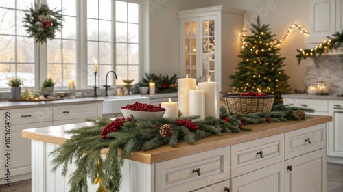 A kitchen with a Christmas tree and candles on the counter