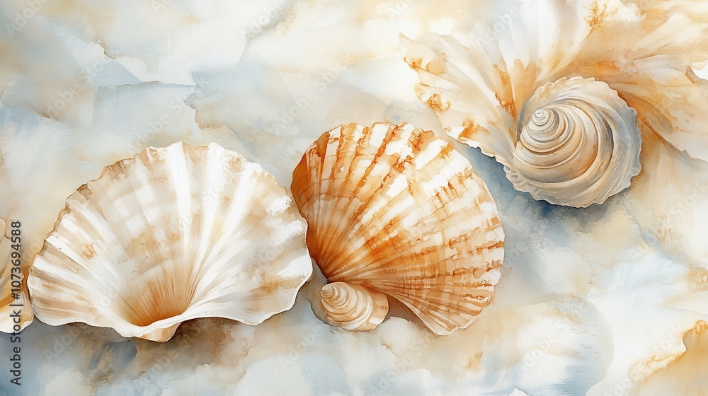 Four seashells, two opened and two closed, with swirling patterns, on a white, light blue and orange background. Four seashells, two opened and two closed, with swirling patterns, on a white, light blue and orange background.