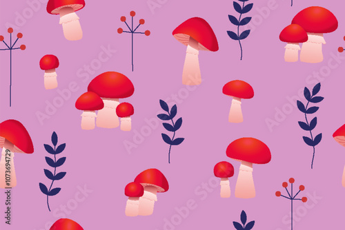 Seamless vector pattern with cute cartoon forest mushrooms. Edible mushroom boletus on white background.