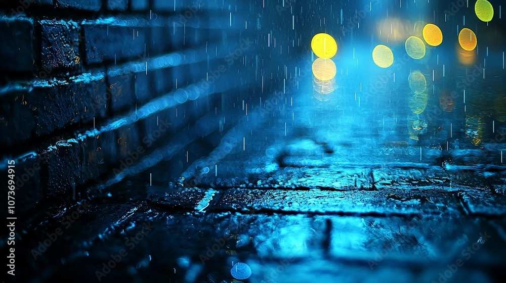 A rainy street scene with reflections and blurred lights creating a moody atmosphere. A rainy street scene with reflections and blurred lights creating a moody atmosphere.