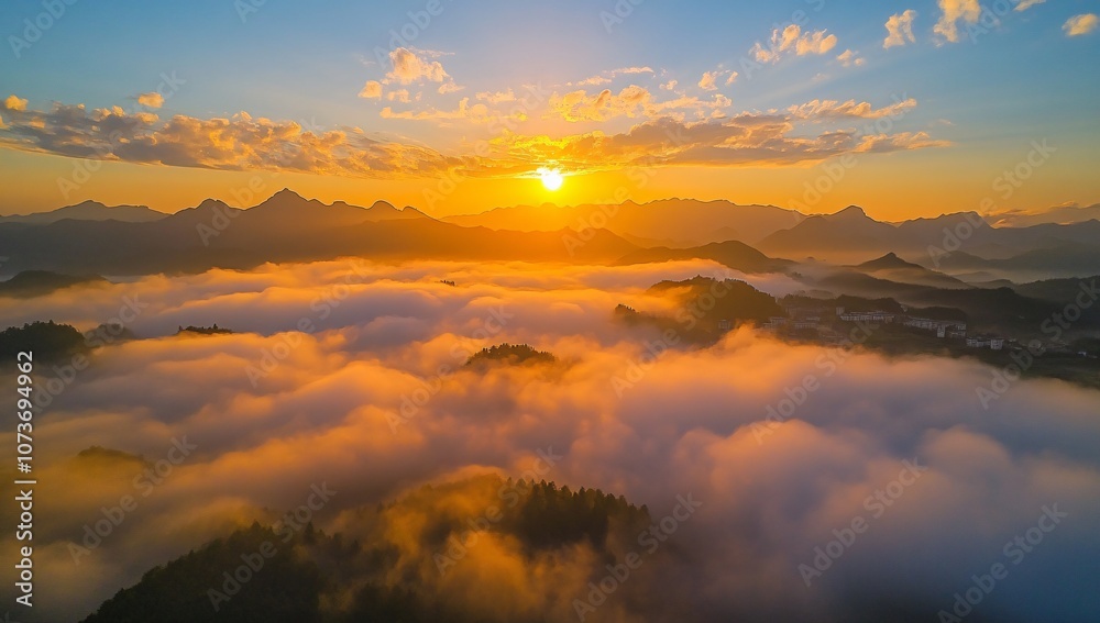 Obraz premium Sunrise Over Misty Mountains in Guilin, China