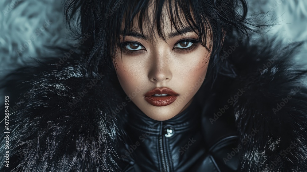 portrait of a gender fluid asian fashion model, wearing couture leather and fur clothing. portrait of a gender fluid asian fashion model, wearing couture leather and fur clothing.